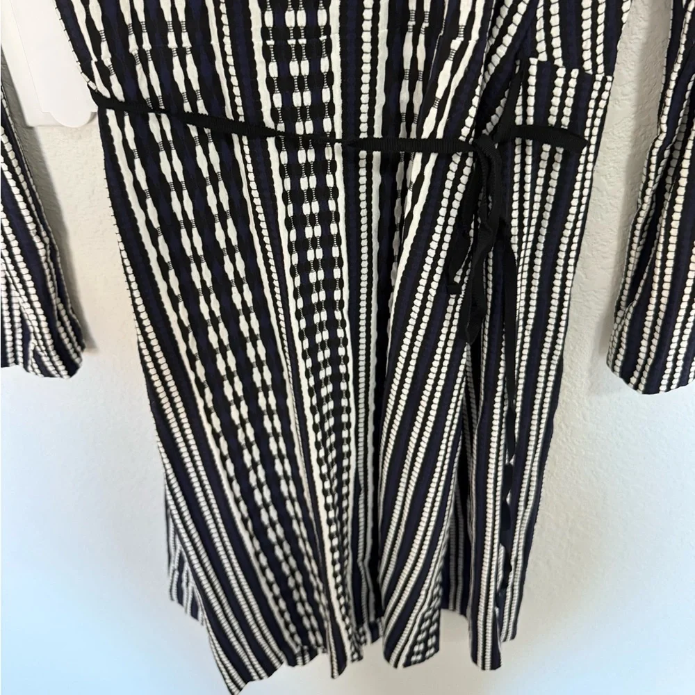 Tory Burch Navy Blue Oxford Stripe Long-Sleeve Jacquard Wrap Dress Size Small